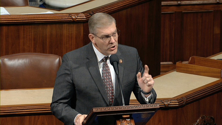 Rep. Barry Loudermilk, R-Ga., speaks as the House of Representatives debates the articles of impeachment against President Donald Trump at the Capitol in Washington, Wednesday, Dec. 18, 2019. (House Television via AP)