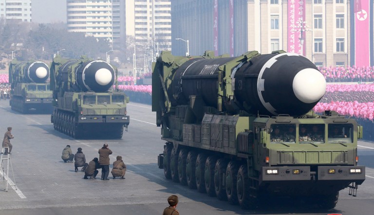In this Thursday, Feb. 8, 2018, photo provided by the North Korean government, missiles, what North Korea calls their ICBM Hwasong-15, is displayed during a military parade in Pyongyang, North Korea. Independent journalists were not given access to cover the event depicted in this image distributed by the North Korean government. The content of this image is as provided and cannot be independently verified. Korean language watermark on image as provided by source reads: "KCNA" which is the abbreviation for Korean Central News Agency.
