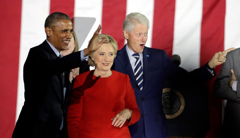 President Barack Obama, Democratic presidential candidate Hillary Clinton and former President Bill Clinton acknowledge the crowd during a campaign event at Independence Mall on Monday, Nov. 7, 2016 in Philadelphia.