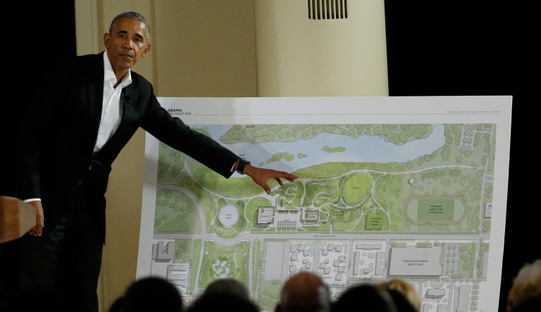 Former President Barack Obama speaks at a community event on the Presidential Center at the South Shore Cultural Center, Wednesday, May 3, 2017, in Chicago. The Obama Foundation unveiled plans for the former president's lakefront presidential center, showcasing renderings and a model at an event where former President Barack Obama and first lady Michelle Obama were expected to give more details.