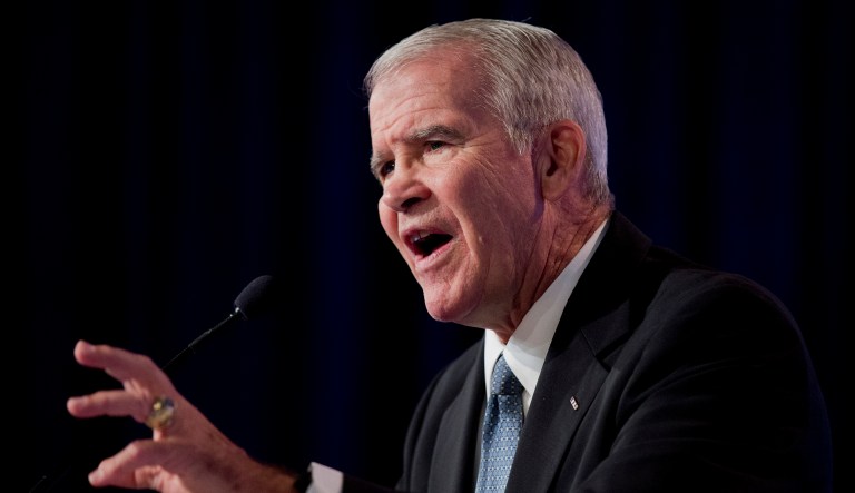 Retired Marine Lt. Col. Oliver North speaks at the 2014 Values Voter Summit in Washington, Friday, Sept. 26, 2014.  Prospective Republican presidential candidates are promoting religious liberty at home and abroad at a gathering of evangelical conservatives, rebuking an unpopular President Barack Obama while skirting divisive social issues that have tripped up the GOP. 