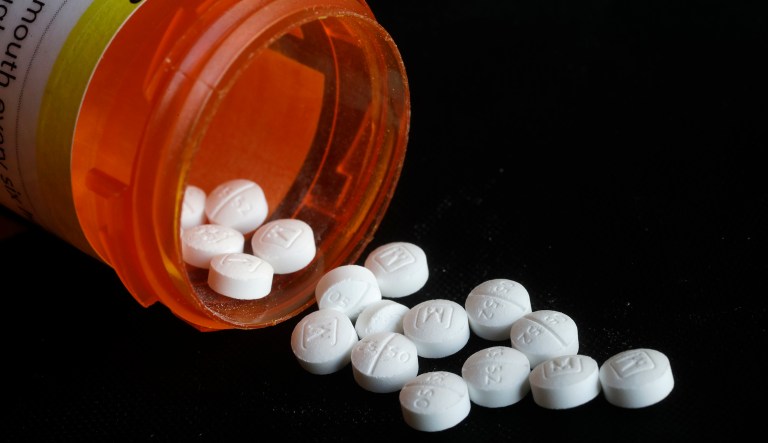 This Aug. 29, 2018 photo shows an arrangement of prescription Oxycodone pills in New York. Figures from a 2017 survey released on Friday, Sept. 14, 2018, show fewer people used heroin for the first time compared to the previous year, and fewer Americans misusing or addicted to prescription opioid painkillers.