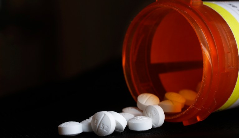 This Wednesday, Aug. 29, 2018 photo shows an arrangement of Oxycodone pills in New York. 