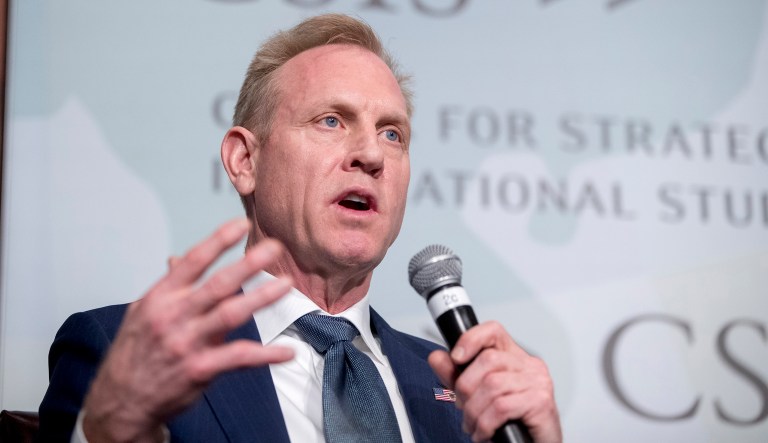 Acting Defense Secretary Patrick Shanahan speaks at the Center for Strategic and International Studies in Washington, Wednesday, March 20, 2019, on the national security space landscape.