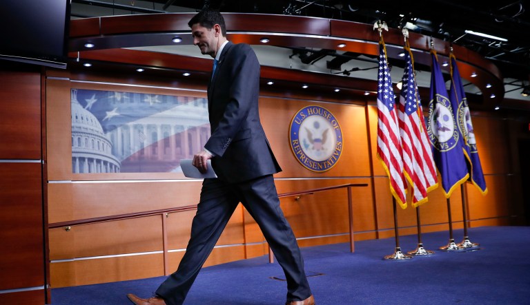 House Speaker Paul Ryan of Wis., walks away from the podium after speaking to the media at a news conference, Thursday, Feb. 15, 2018, on Capitol Hill in Washington.
