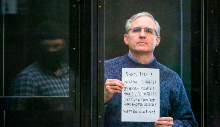 Paul Whelan, a former U.S. Marine who was arrested for alleged spying, listens to the verdict in a courtroom at the Moscow City Court in Moscow, Monday, June 15, 2020. 