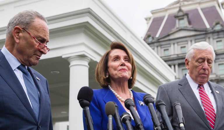 Senate Minority Leader Chuck Schumer of N.Y., left, House Speaker Nancy Pelosi of Calif., and House Majority Leader Steny Hoyer of Md., speak with reporters after a meeting with President Donald Trump at the White House, Wednesday, Oct. 16, 2019, in Washington. 