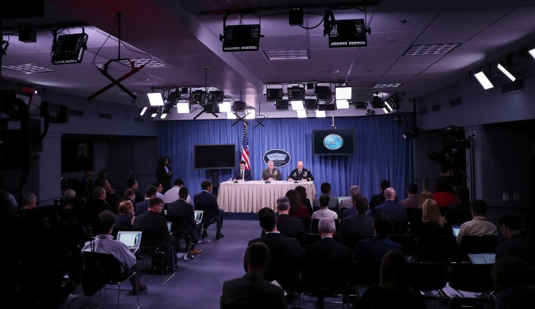 Marine Gen. Thomas D. Waldhauser, commander, U.S. Africa Command, center, with Assistant Secretary of Defense for International Security Affairs Robert S. Karem, left, and Army Maj. Gen. Roger L. Cloutier, right, chief of staff, U.S. Africa Command, and lead investigating officer, brief members of the media at the Pentagon, Thursday, May 10, 2018. Multiple failures are to blame for the Niger ambush that killed four U.S. service members last October, the Pentagon said Thursday, citing insufficient training and preparation as well as the team's deliberate decision to go after a high-level Islamic State group insurgent without proper command approval. A report summary released Thursday includes recommendations to improve mission planning and approval procedures, re-evaluate equipment and weapons requirements, and review training that U.S. commandos conduct with partner forces.