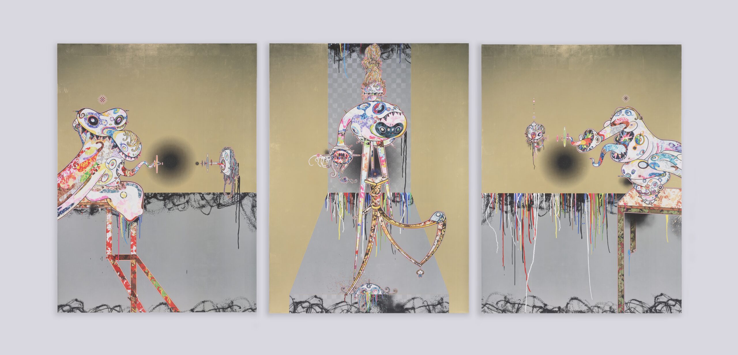 Takashi Murakami’s ‘Homage to Francis Bacon (Second Version of Triptych (on light ground))’ (2016). Acrylic, gold and platinum leaf on canvas mounted on aluminum frame.
