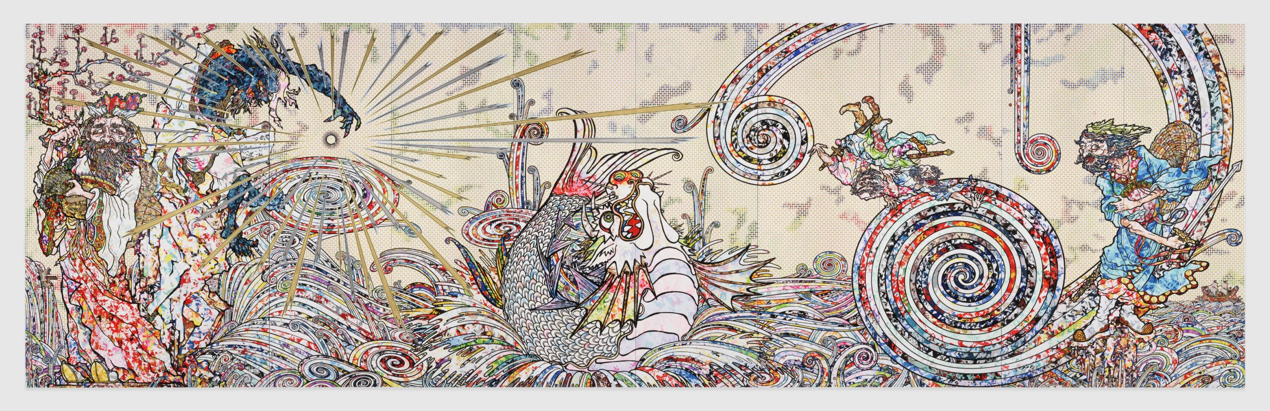 Takashi Murakami’s ‘Transcendent Attacking a Whirlwind,’ (2017). Acrylic, gold leaf, and platinum leaf on canvas mounted on wood panel.