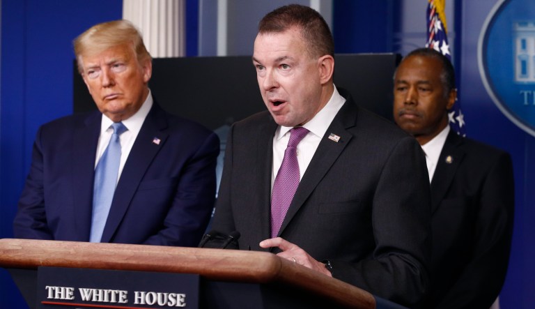 Administrator for FEMA Peter Gaynor speaks as President Donald Trump, left, and Housing and Urban Development Secretary Ben Carson listen during a coronavirus task force briefing at the White House, Saturday, March 21, 2020, in Washington.