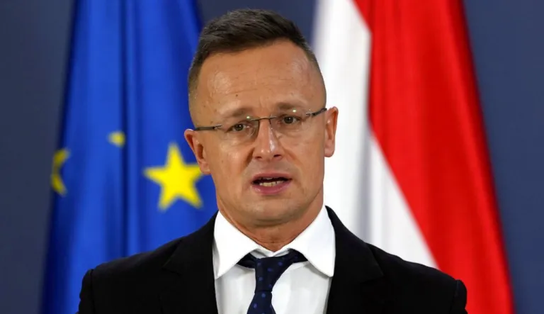 Hungarian Foreign Minister Peter Szijjarto speaks during a press conference after talks with his Serbian counterpart Nikola Selakovic, in Belgrade, Serbia, Monday, Feb. 7, 2022. Szijjarto is on a one-day visit to Serbia.