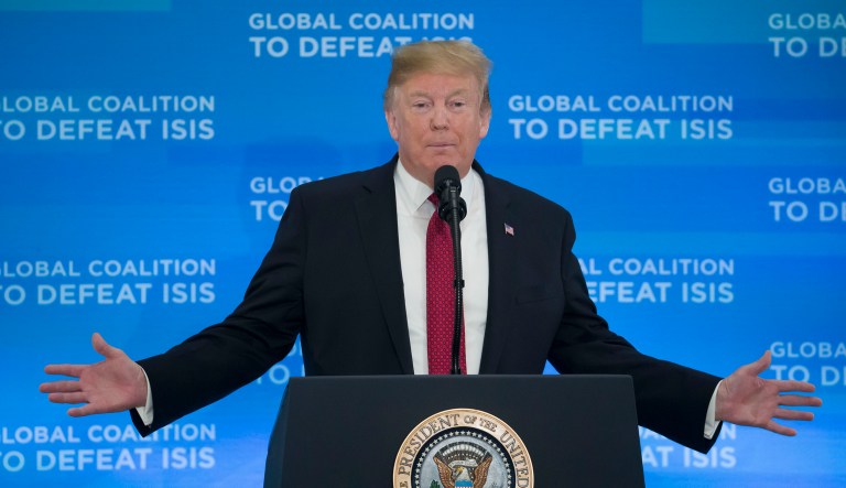 President Donald Trump speaks at the Global Coalition to Defeat ISIS meeting, at the State Department, Wednesday, Feb. 6, 2019, in Washington. 