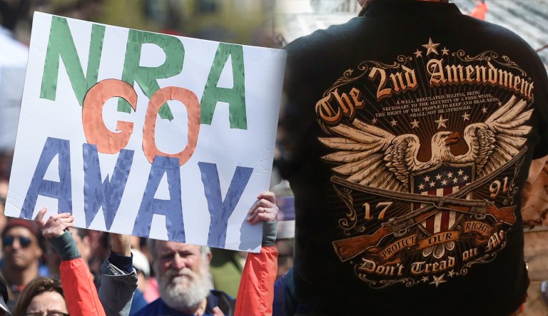 A sign for gun control is seen on the left; a shirt favoring current gun rights is on the right.