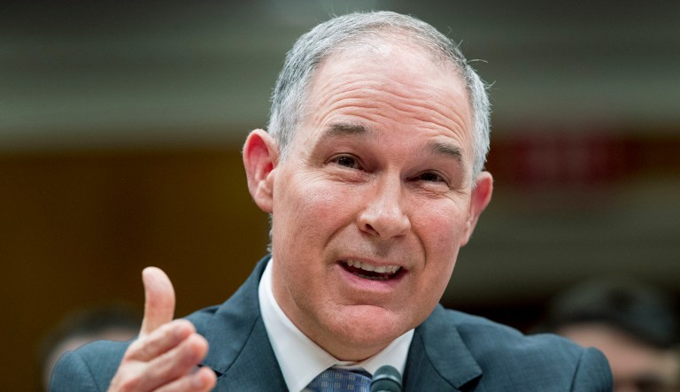 Environmental Protection Agency Administrator Scott Pruitt testifies before a Senate Appropriations subcommittee on budget on Capitol Hill in Washington, Wednesday, May 16, 2018. Pruitt faced tough questioning Wednesday from senators about ethics investigations involving his travel spending, security precautions and large raises for young aides.