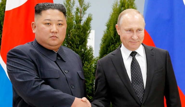 FILE - Russian President Vladimir Putin, right, and North Korea's leader Kim Jong Un shake hands during their meeting in Vladivostok, Russia on April 25, 2019. The U.S. accused the two countries of negotiating the transfer of weapons from North Korea to Russia for use in Ukraine. 