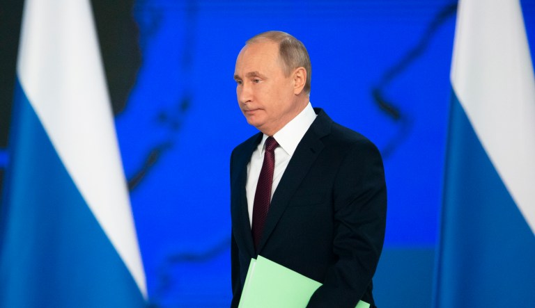 Russian President Vladimir Putin arrives to deliver a state-of-the-nation address in Moscow, Russia, Wednesday, Feb. 20, 2019. 
