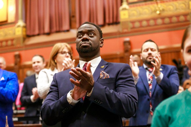 State Rep. Quentin Williams, D-Middletown, applauds during Connecticut Gov. Ned Lamont's state of the state address, Wednesday, Jan. 4, 2023, in Hartford, Conn.