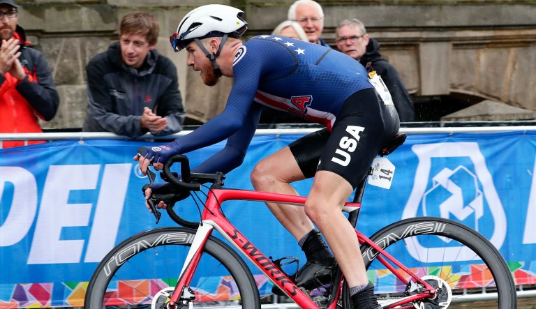 United States' Quinn Simmons pedals on his way to win the men junior event, at the road cycling World Championships in Harrogate, England, Thursday, Sept. 26, 2019. 