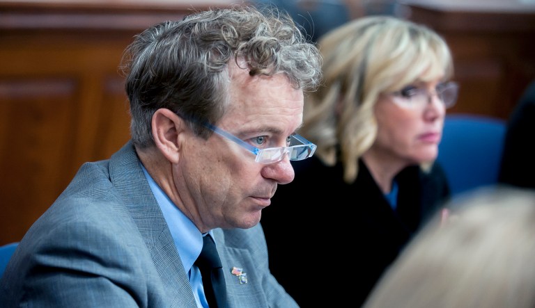 U.S. Sen. Rand Paul, left, R-Ky., and wife Kelley Paul listen to questions Monday, Jan. 28, 2019, during jury selection in a civil trial in Warren Circuit Court in Bowling Green, Ky.