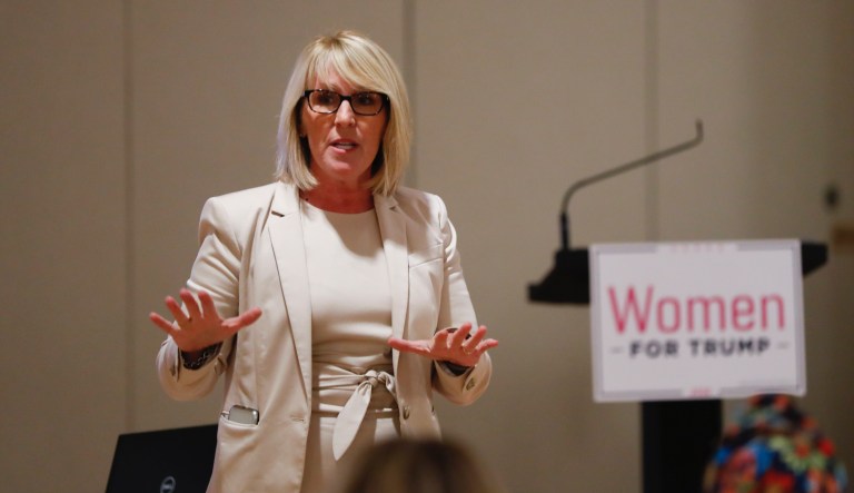 Laura Cox, Chairman of the Michigan Republican Party, speaks during a training session for Women for Trump, An Evening to Empower, in Troy, Mich., Thursday, Aug. 22, 2019.