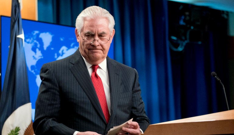 Secretary of State Rex Tillerson steps away from the podium after speaking at a news conference at the State Department in Washington.