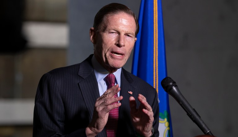 Sen. Richard Blumenthal, D-Conn., a member of the Senate Judiciary Committee, tells reporters that he will vote against confirming Attorney General nominee Bill Barr later this week, on Capitol Hill in Washington, Monday, Feb. 4, 2019. Blumenthal had just finished meeting with Barr.