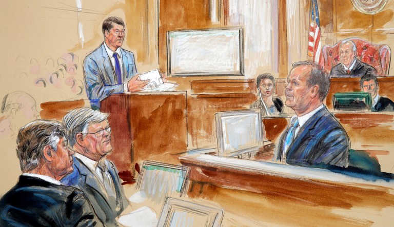 This courtroom sketch depicts Rick Gates testifying during the trial of former Trump campaign chairman Paul Manafort in federal court in Alexandria, Va., on Aug. 7, 2018.