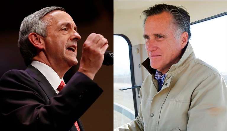 Pastor Robert Jeffress of the First Baptist Dallas Church Choir and U.S. Senate for Utah candidate Mitt Romney.