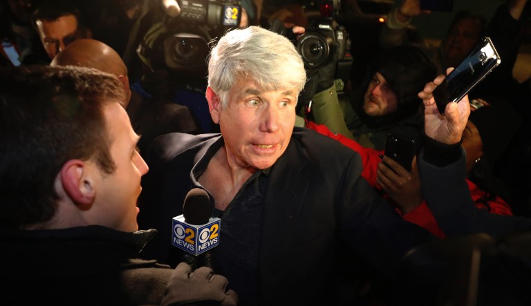Former Illinois Gov. Rod Blagojevich tries to get into his house as he arrives home Wednesday, Feb. 19, 2020, after President Donald Trump on Tuesday commuted what Trump called the "ridiculous" 14-year prison sentence handed out to the former governor for political corruption, clearing the way for his release after more than eight years behind bars. in Chicago. 