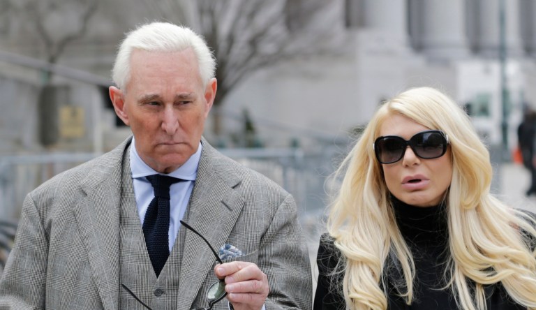 Roger Stone and Kristin Davis leave court in New York, Thursday, March 30, 2017.