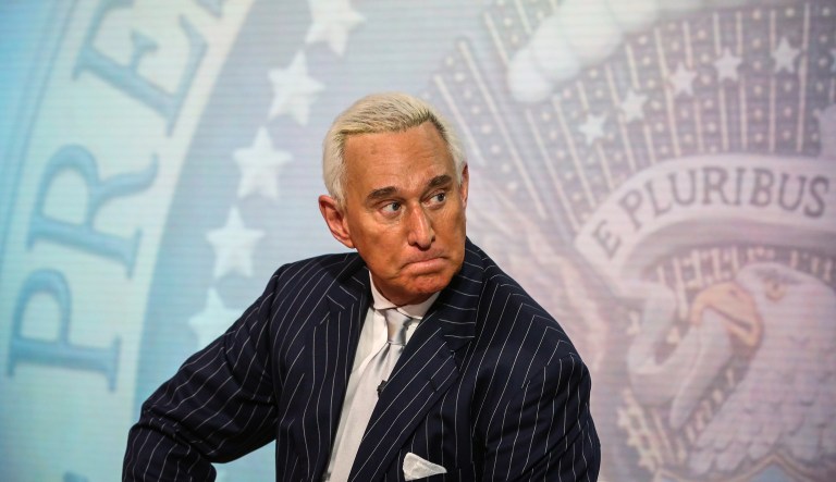 FILE: Roger Stone, former adviser to Donald Trump's presidential campaign, listens during a Bloomberg Television interview in New York, U.S., on Friday, May 12, 2017. Stone, a longtime Republican strategist and sometime confidant of President Donald Trump, was arrested in Florida on Friday after being indicted in Special Counsel Robert Muellerâs probe into possible coordination between the Trump campaign and Russia before the 2016 U.S. election. Stone, 66, is facing seven counts: one count of obstruction of an official proceeding, five counts of false statements, and one count of witness tampering, according to the U.S. Justice Department.