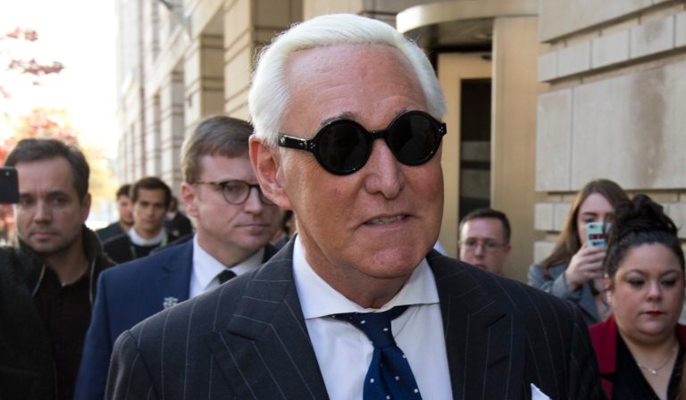 Roger Stone, left, with his wife Nydia Stone, leaves federal court in Washington, Friday, Nov. 15, 2019. Stone, a longtime friend of President Donald Trump, has been found guilty at his trial in federal court in Washington.