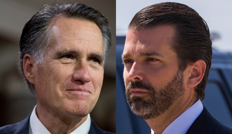 Pictured are Mitt Romney, left, and Donald Trump Jr., right.