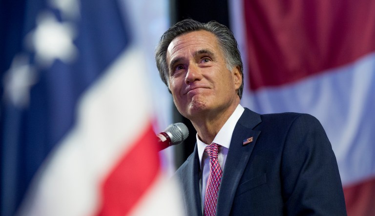 U. S. Senate candidate Mitt Romney delivers his speech to the delegates at the Utah Republican Nominating Convention Saturday, April 21, 2018, at the Maverik Center in West Valley City, Utah.