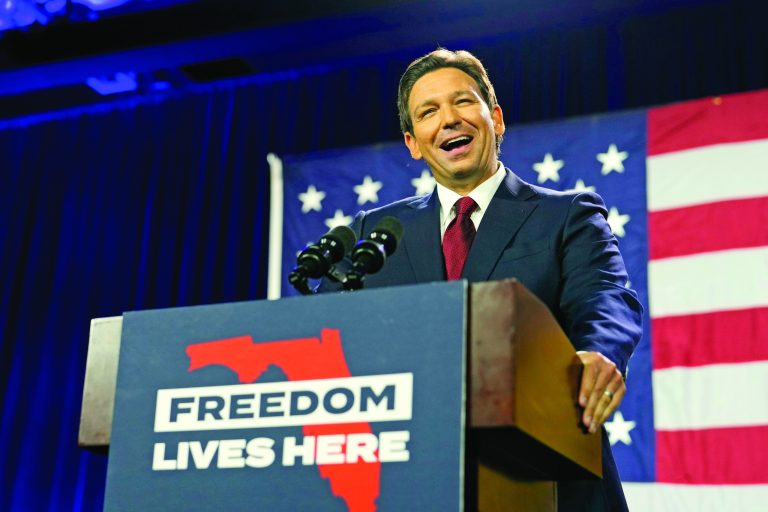 Gov. Ron DeSantis speaks at an election night party in Tampa, Florida, after winning reelection, Nov. 8, 2022.