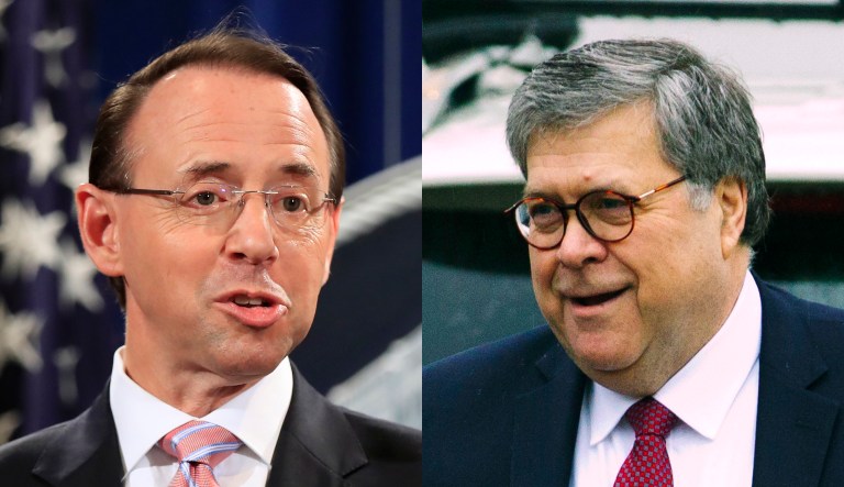 William Barr (right) and Rod Rosenstein (left) are pictured.