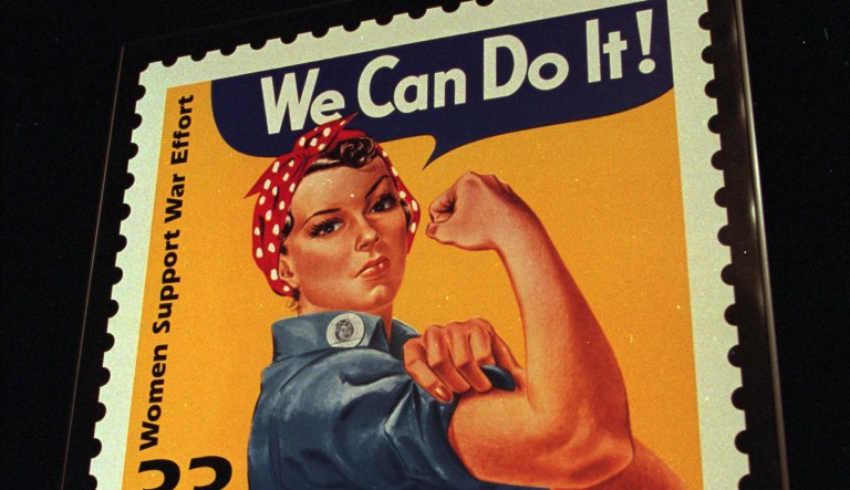 A June 25, 1999, file photo shows an enlargement of the U.S. Postal Service's stamp depicting Rosie the Riveter, in South Portland, Maine.