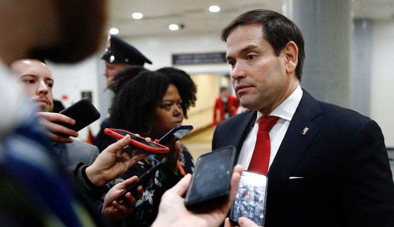 Sen. Marco Rubio, R-Fla., speaks with reporters during the impeachment trial of President Donald Trump on charges of abuse of power and obstruction of Congress on Capitol Hill in Washington, Wednesday, Feb. 5, 2020.