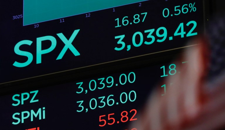 A screen above the trading floor of the New York Stock Exchange shows the closing number for the S&P 500 index, Monday, Oct. 28, 2019. The S&P 500 rose 16 points, or 0.6 percent, to 3,039.