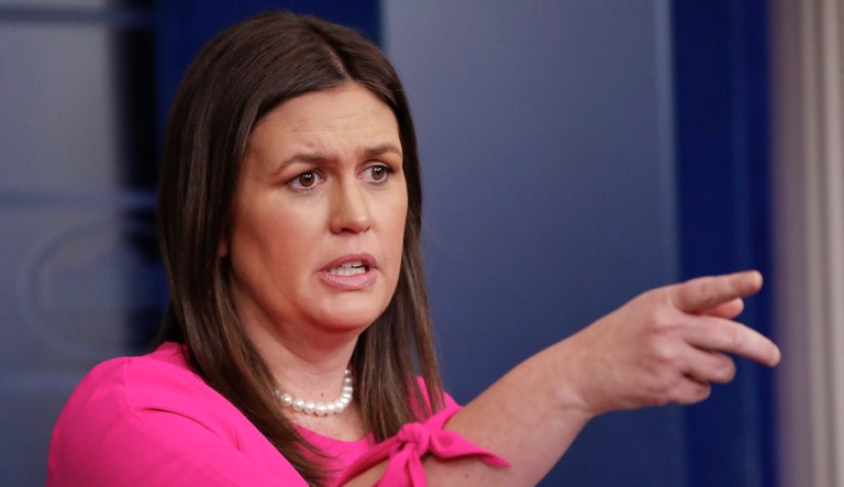 White House press secretary Sarah Huckabee Sanders gestures while speaking to the media during the daily briefing in the Brady Press Briefing Room of the White House, Monday, June 25, 2018.