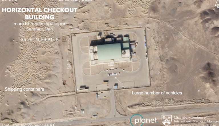 This Jan. 26, 2020, satellite image from Planet Labs Inc. that has been annotated by experts at the James Martin Center for Nonproliferation Studies at Middlebury Institute of International Studies shows activity at the Imam Khomeini Space Center in Iran's Semnan province. Iranian officials and satellite images suggest the Islamic Republic is preparing to launch a satellite into space after three major failures last year, the latest for a program which the U.S. claims helps Tehran advance its ballistic missile program.