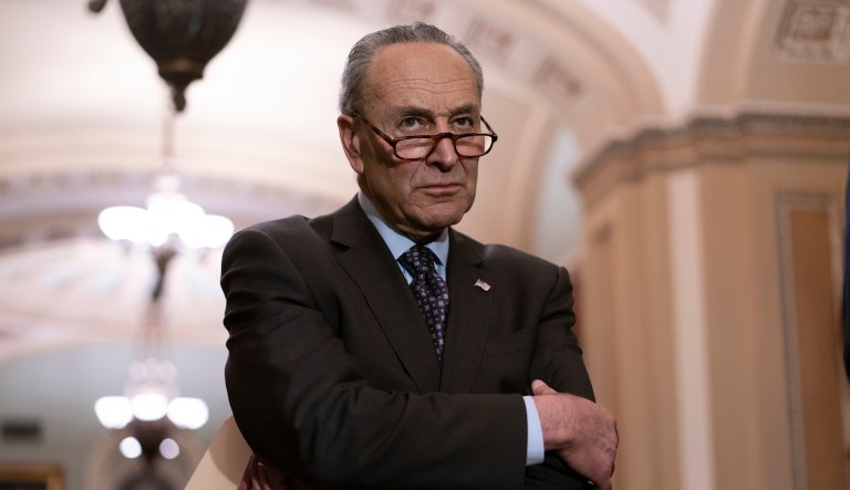 Senate Minority Leader Chuck Schumer, D-N.Y., pauses as he takes questions from reporters following a closed-door strategy session on Capitol Hill in Washington, Tuesday, April 17, 2018.