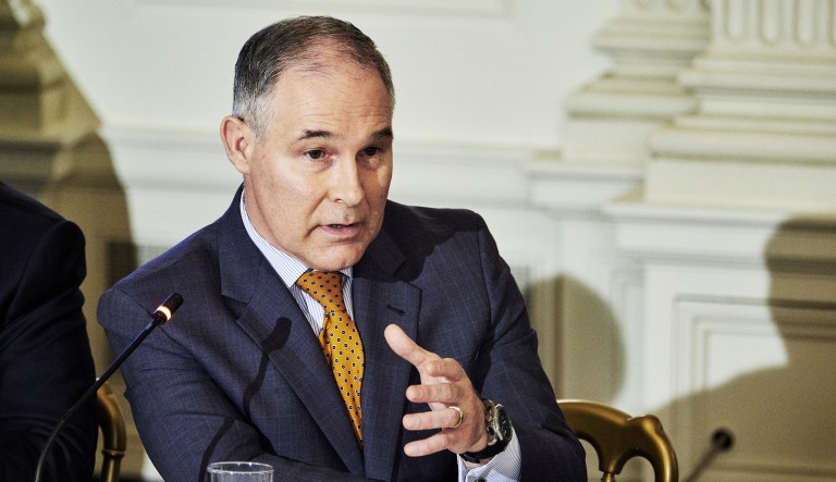 Scott Pruitt, administrator of the Environmental Protection Agency (EPA), speaks during an infrastructure initiative meeting with U.S. President Donald Trump, not pictured, at the State Dining Room of the White House in Washington, D.C., U.S., on Monday, Feb. 12, 2018. Trump's administration releases infrastructure plan it says would stimulate at least $1.5 trillion in new investment, shorten project permitting time to two years,Â improve training to get more qualified workers and boost investment in rural projects.