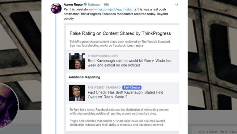 A ThinkProgress writer is upset that his false Brett Kavanaugh post got flagged as false