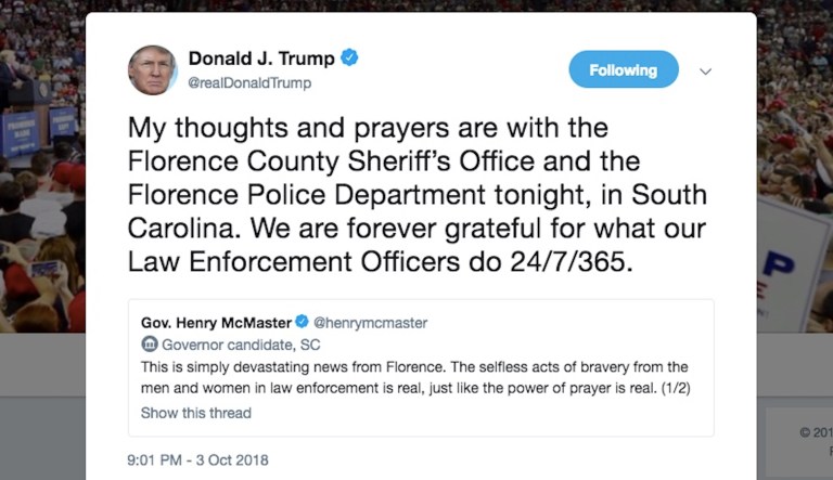 Trump tweets condolences after South Carolina police officer killed in shooting