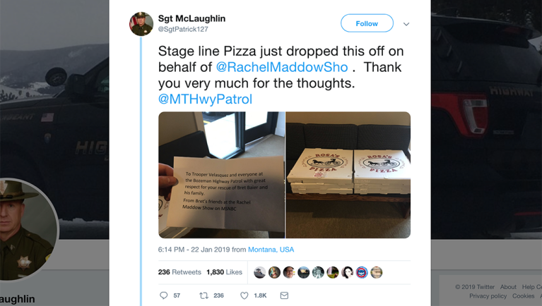 Rachel Maddow sends pizza to Montana police who rescued Bret Baier from car wreck