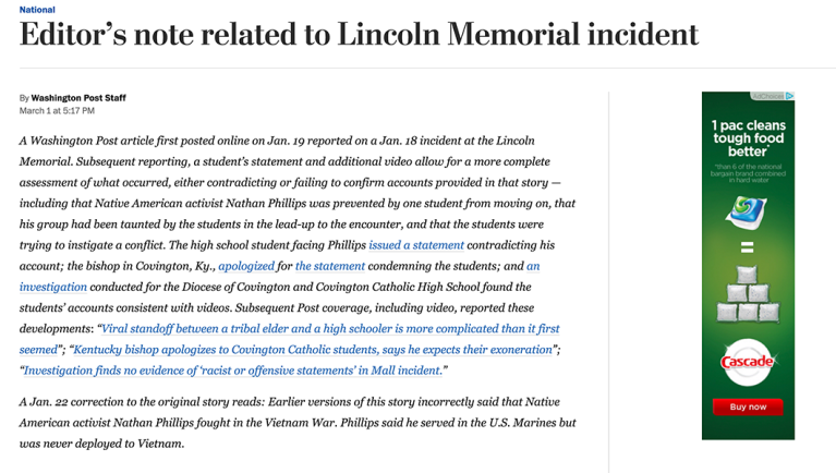 Washington Post issues lengthy correction over Covington Catholic confrontation