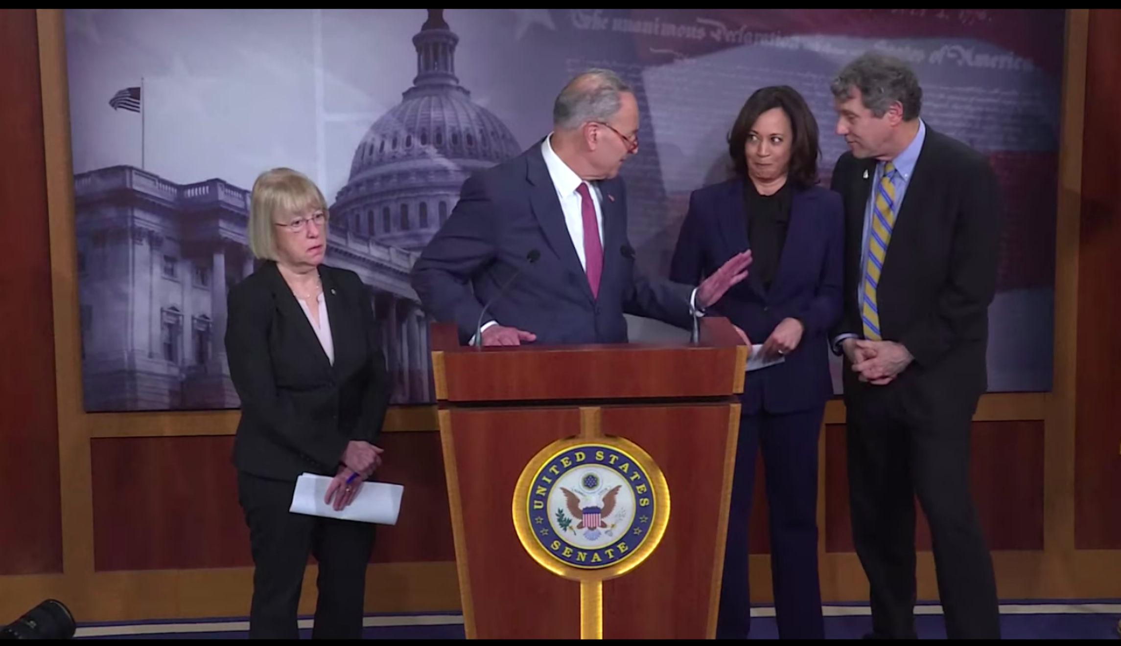 Chuck Schumer side-eyes Kamala Harris for giggling during impeachment press conference