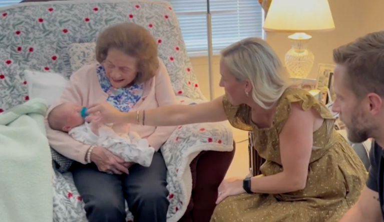 WATCH: 99-year-old woman ‘ecstatic’ to meet 100th great-grandchild